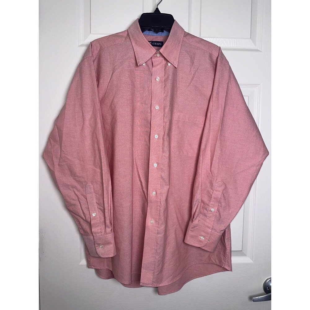 Chaps Dress Shirt Mens 16/16.5 32/33 Pink Oxford Button Down Wrinkle Free